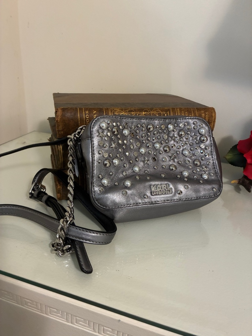 Karl Lagerfeld Charcoal Metallic Studded Leather Shoulder Crossbody Bag